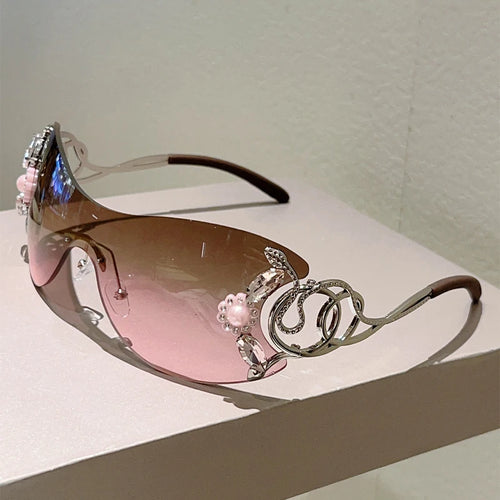 Rimless Y2k Sunglasses with Rhinestones and detailed frames
