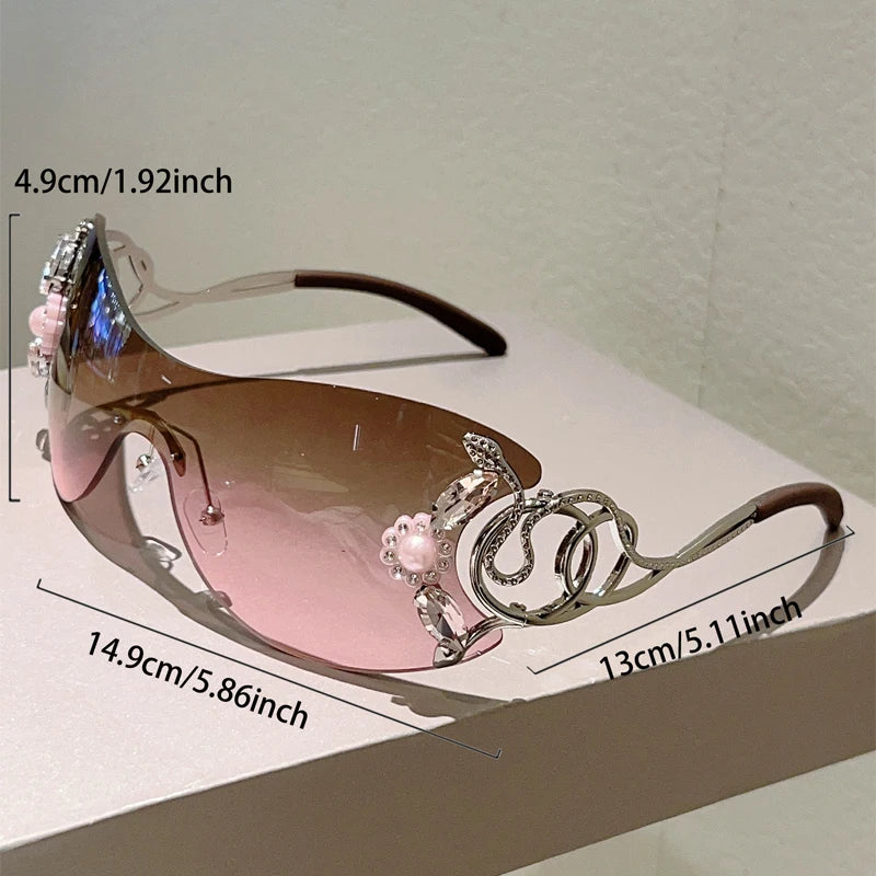 Rimless Y2k Sunglasses with Rhinestones and detailed frames