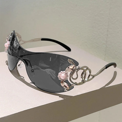 Rimless Y2k Sunglasses with Rhinestones and detailed frames