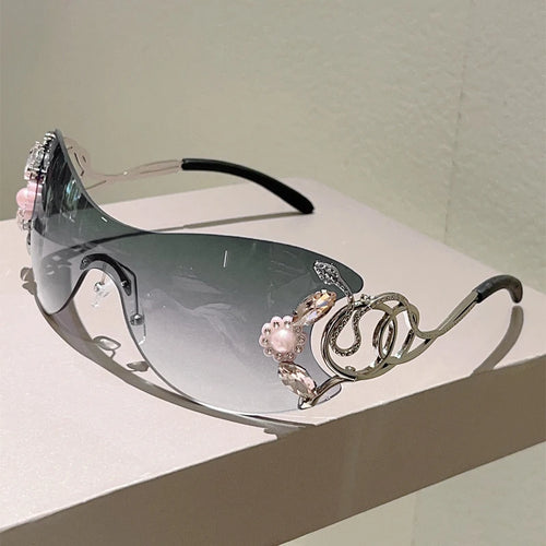 Rimless Y2k Sunglasses with Rhinestones and detailed frames