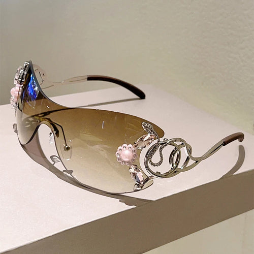 Rimless Y2k Sunglasses with Rhinestones and detailed frames