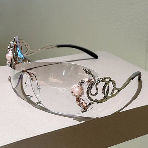 Rimless Y2k Sunglasses with Rhinestones and detailed frames