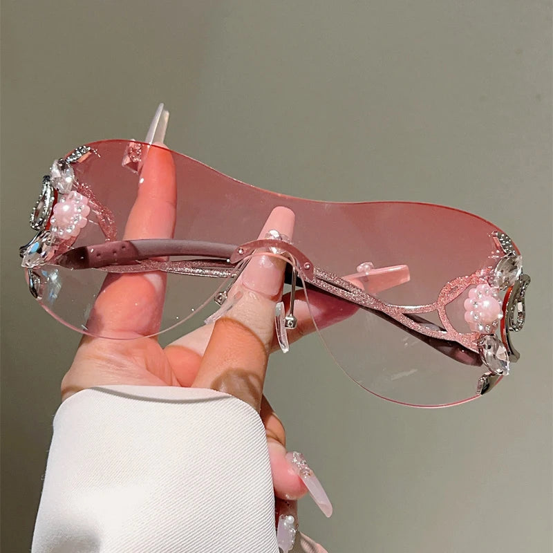 Rimless Y2k Sunglasses with Rhinestones and detailed frames