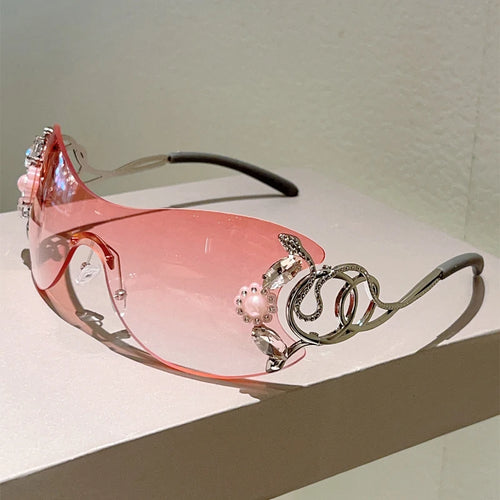 Rimless Y2k Sunglasses with Rhinestones and detailed frames